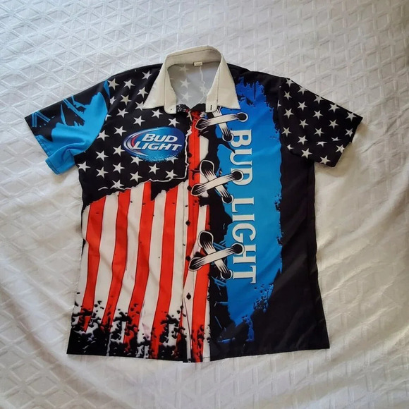 Bud Light American Flag Jersey Button Up Shirt Short Sleeve Patriotic  Size XXL - Picture 4 of 10